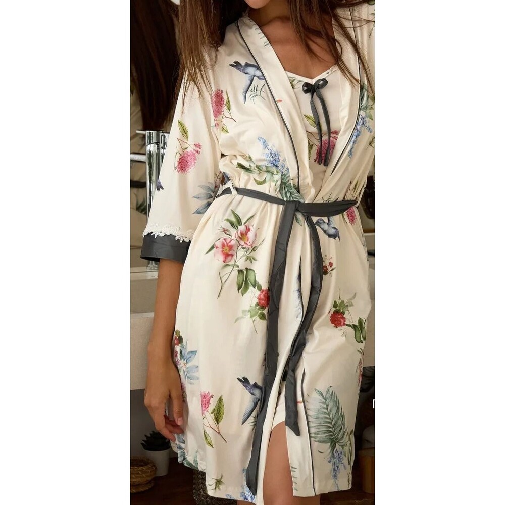 Women L Ivory Floral Print Soft Knit Midi Wrap Robe Short Sleeve Bathrobe Spa